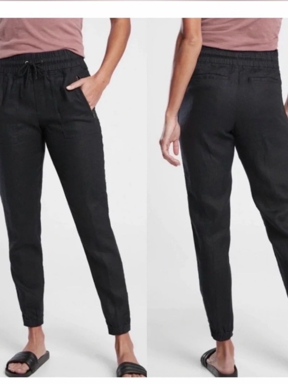 Athleta Cabo Linen Jogger Pant Size 12 Black Tapered High Rise Beachy